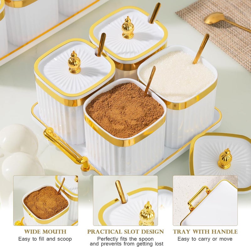 EABOSON 4 Pack Gold Condiment Spice Jars with Lids, Spoons, Tray - Plastic Seasoning Box Set for Salt, Pepper, Sugar - Kitchen Storage - Image 4